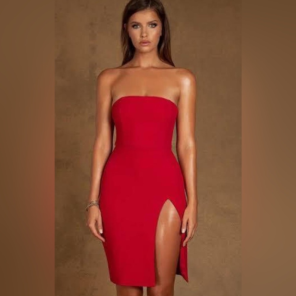 Meshki strapless dress with slit